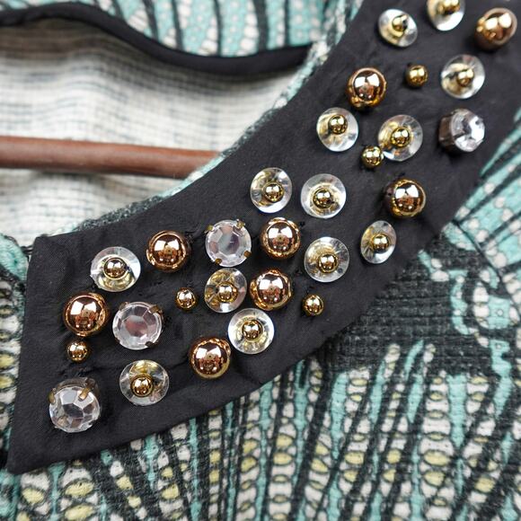 PINKO Rhinestone Collar Cropped Jacket Sz 8 Aqua Blue Black Linen Blend Evening - Picture 4 of 13